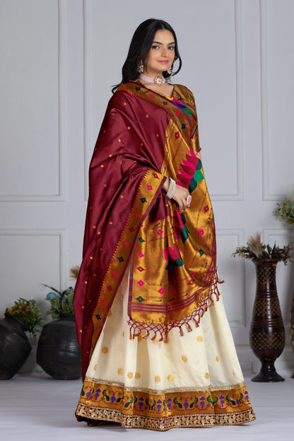 "Elegant WHITE & Gold Banarasi Lehenga Choli with Silk Dupatta – Traditional Festive Wear"