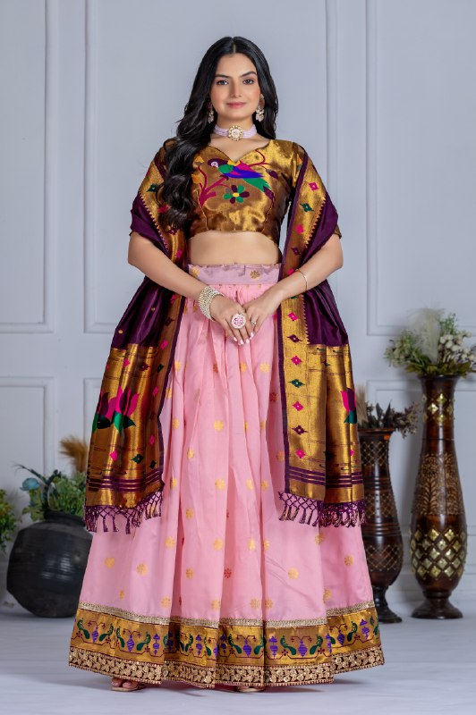 "PINK & Gold Banarasi Lehenga Choli with Silk Dupatta – Traditional Festive Wear"