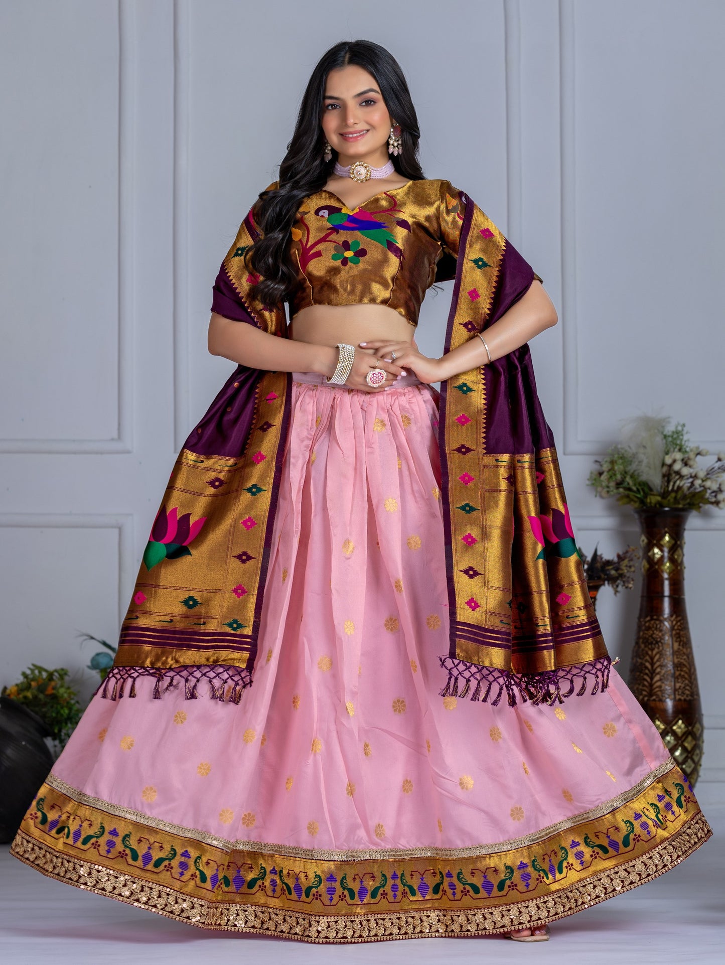 "PINK & Gold Banarasi Lehenga Choli with Silk Dupatta – Traditional Festive Wear"