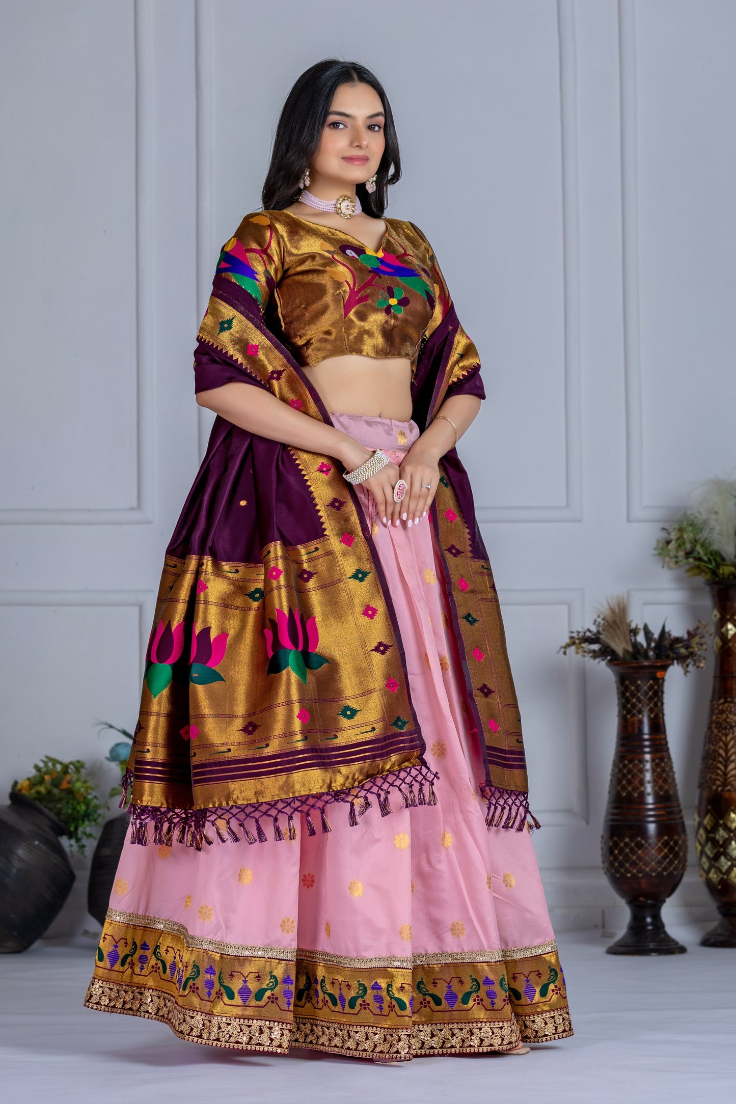 "PINK & Gold Banarasi Lehenga Choli with Silk Dupatta – Traditional Festive Wear"