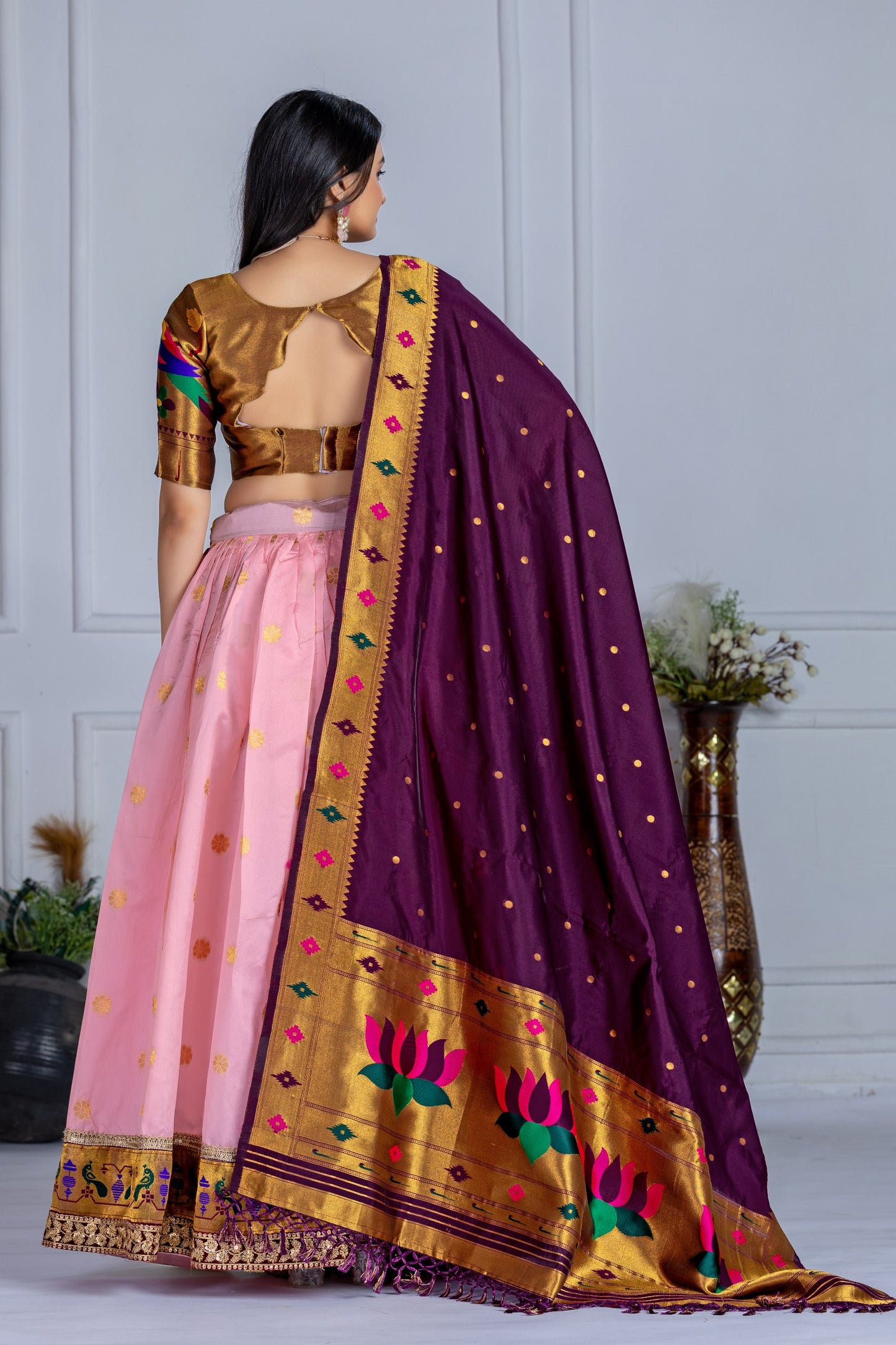 "PINK & Gold Banarasi Lehenga Choli with Silk Dupatta – Traditional Festive Wear"