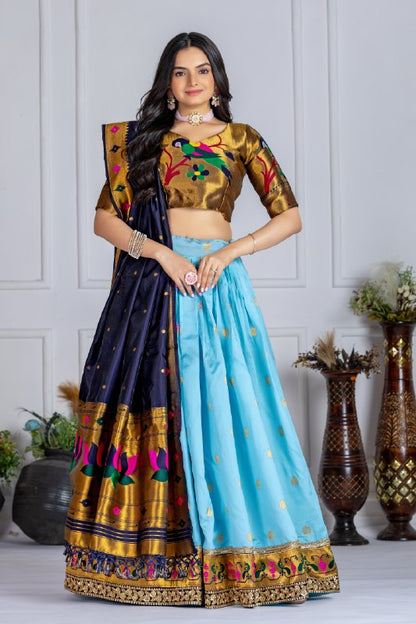"SKYBLUE & Gold Banarasi Lehenga Choli with Silk Dupatta – Traditional Festive Wear"