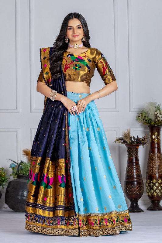 "SKYBLUE & Gold Banarasi Lehenga Choli with Silk Dupatta – Traditional Festive Wear"