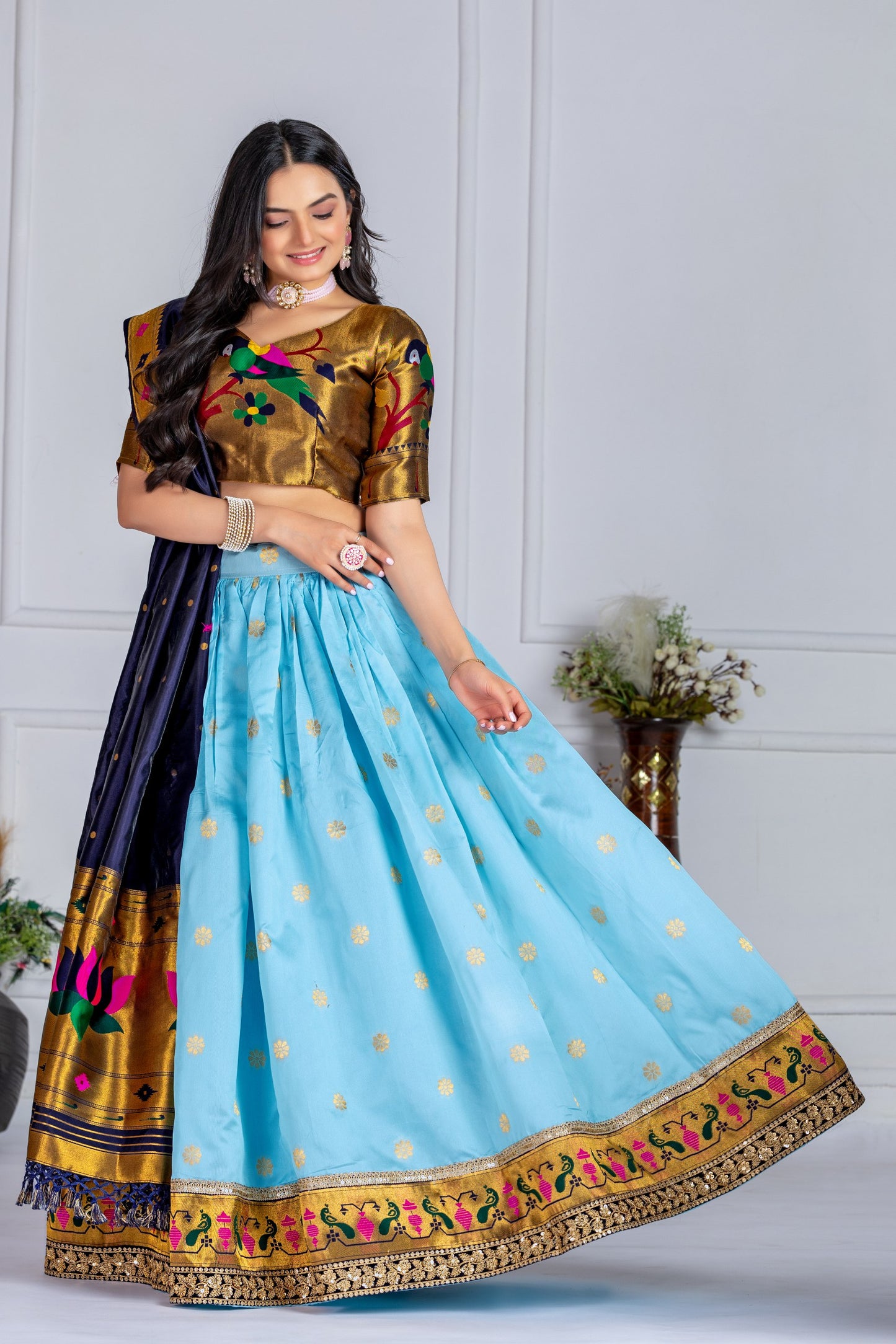"SKYBLUE & Gold Banarasi Lehenga Choli with Silk Dupatta – Traditional Festive Wear"