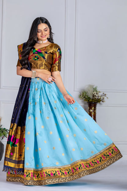 "SKYBLUE & Gold Banarasi Lehenga Choli with Silk Dupatta – Traditional Festive Wear"
