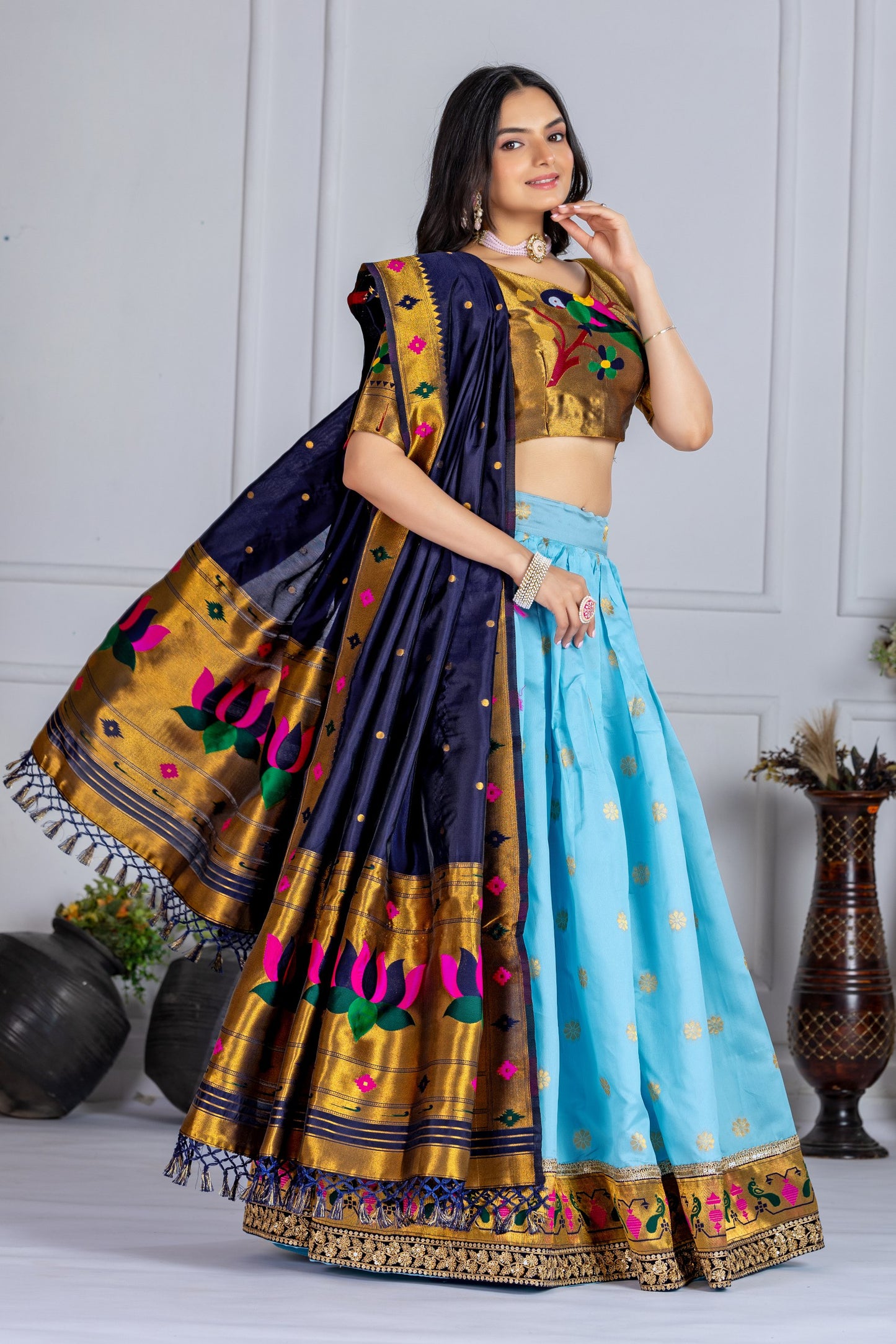 "SKYBLUE & Gold Banarasi Lehenga Choli with Silk Dupatta – Traditional Festive Wear"