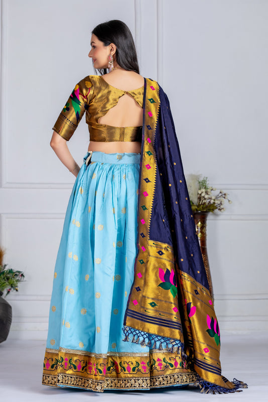 "SKYBLUE & Gold Banarasi Lehenga Choli with Silk Dupatta – Traditional Festive Wear"