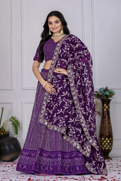 "Royal Purple Velvet Embroidered Lehenga Choli with Sequins & Zari Dupatta – Bridal & Festive Wear"