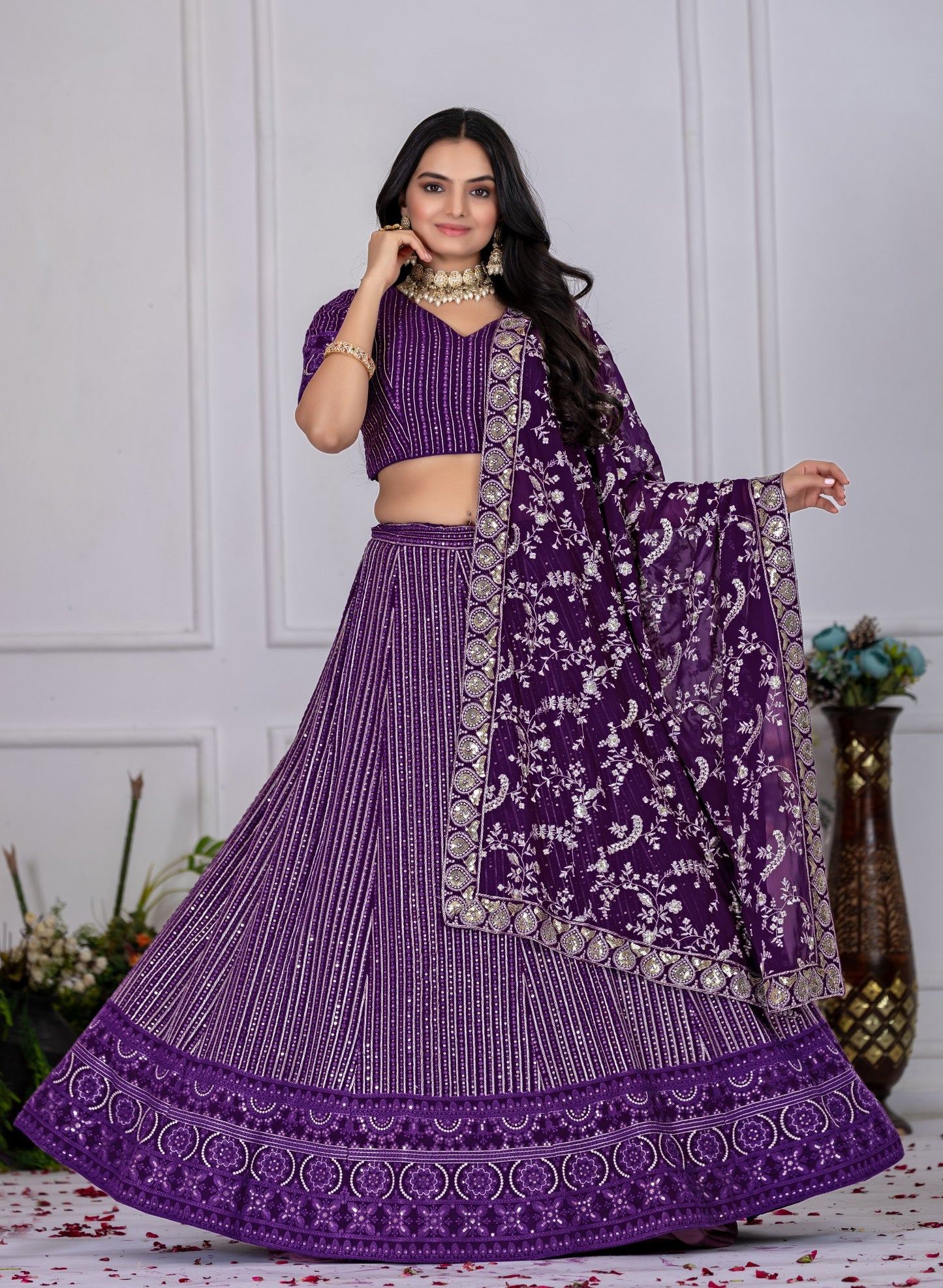 "Royal Purple Velvet Embroidered Lehenga Choli with Sequins & Zari Dupatta – Bridal & Festive Wear"