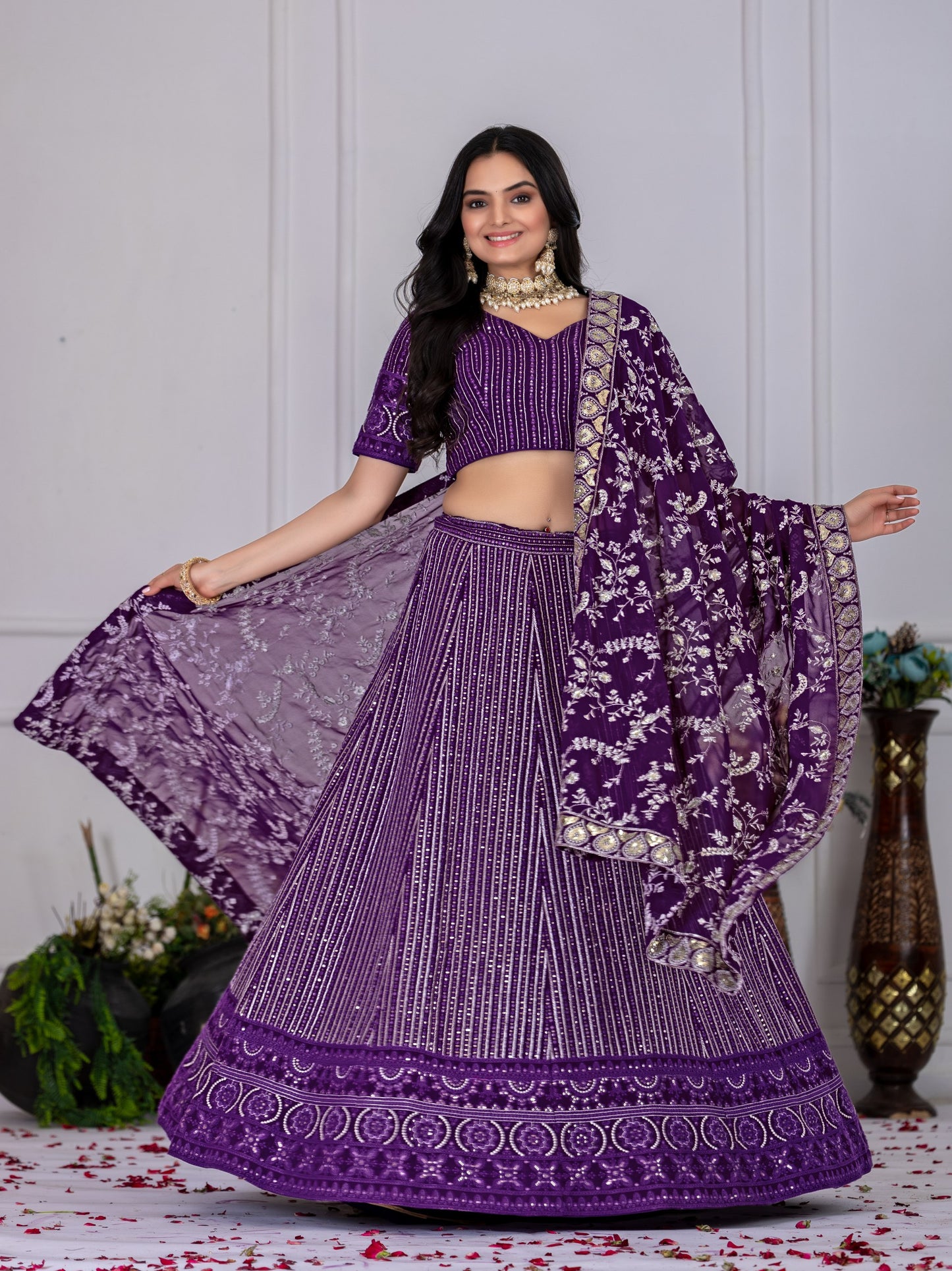 "Royal Purple Velvet Embroidered Lehenga Choli with Sequins & Zari Dupatta – Bridal & Festive Wear"