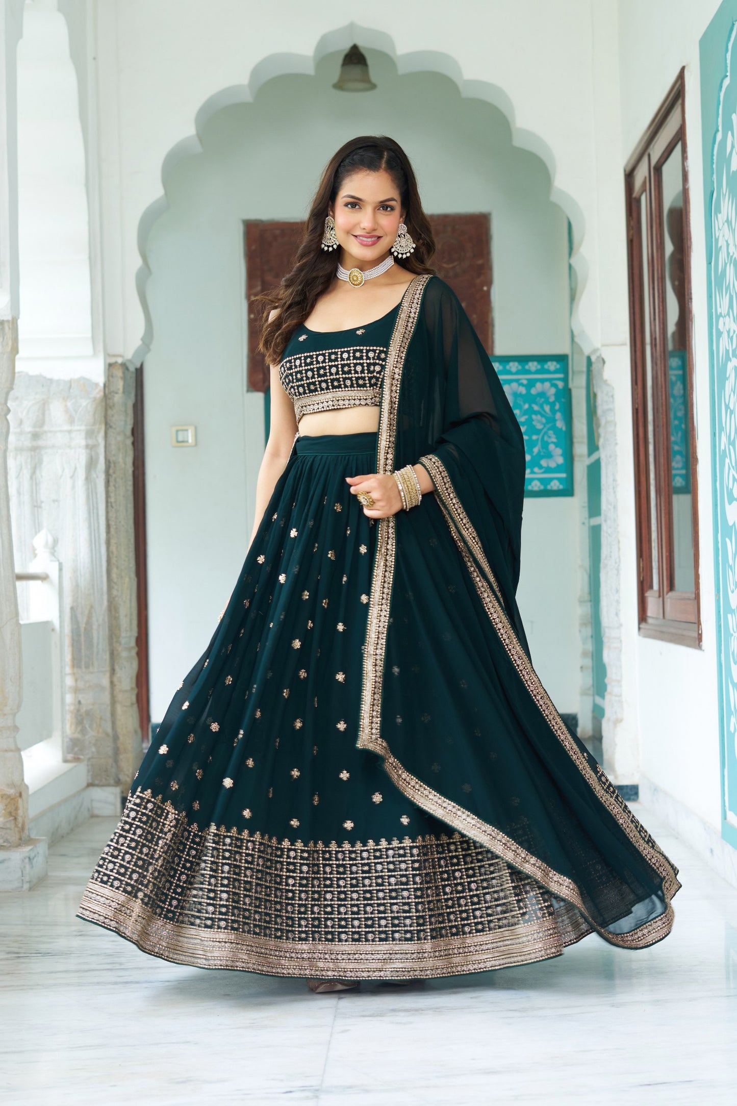 Dark Teal Georgette Lehenga Choli with Mirror & Zari Embroidery Work