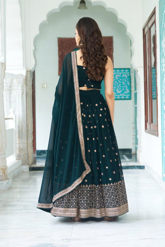 Dark Teal Georgette Lehenga Choli with Mirror & Zari Embroidery Work
