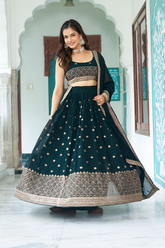 Dark Teal Georgette Lehenga Choli with Mirror & Zari Embroidery Work