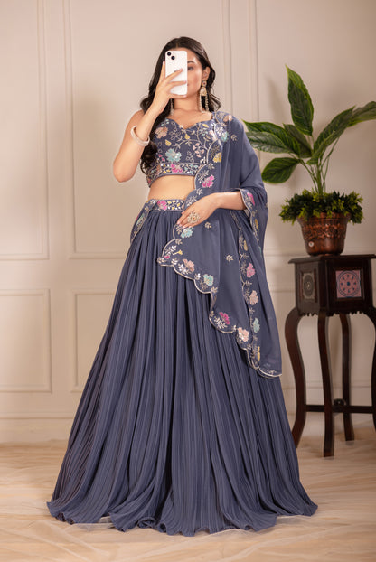 Rama Blue Lehenga Choli Set | Embroidered Blouse & Dupatta | Designer Pleated Party Wear for Women"