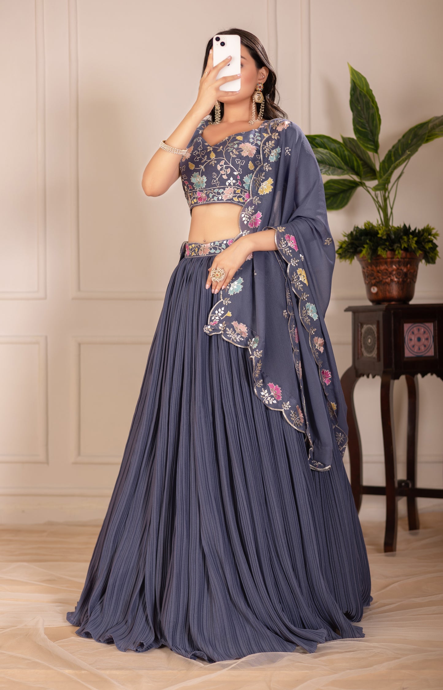 Rama Blue Lehenga Choli Set | Embroidered Blouse & Dupatta | Designer Pleated Party Wear for Women"