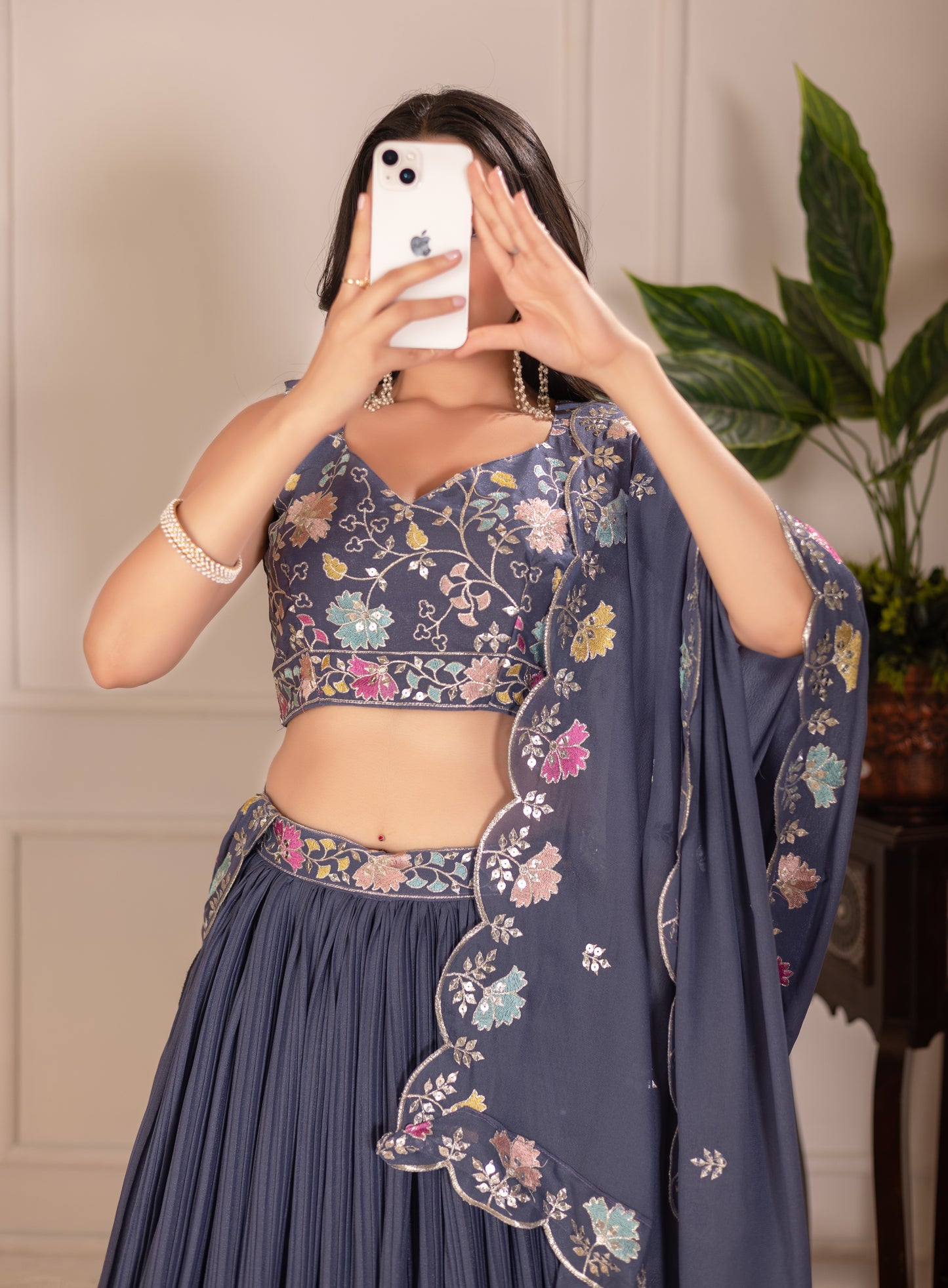 Rama Blue Lehenga Choli Set | Embroidered Blouse & Dupatta | Designer Pleated Party Wear for Women"