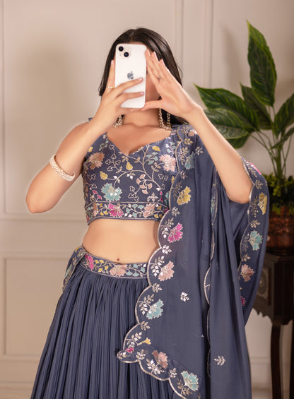 Rama Blue Lehenga Choli Set | Embroidered Blouse & Dupatta | Designer Pleated Party Wear for Women"