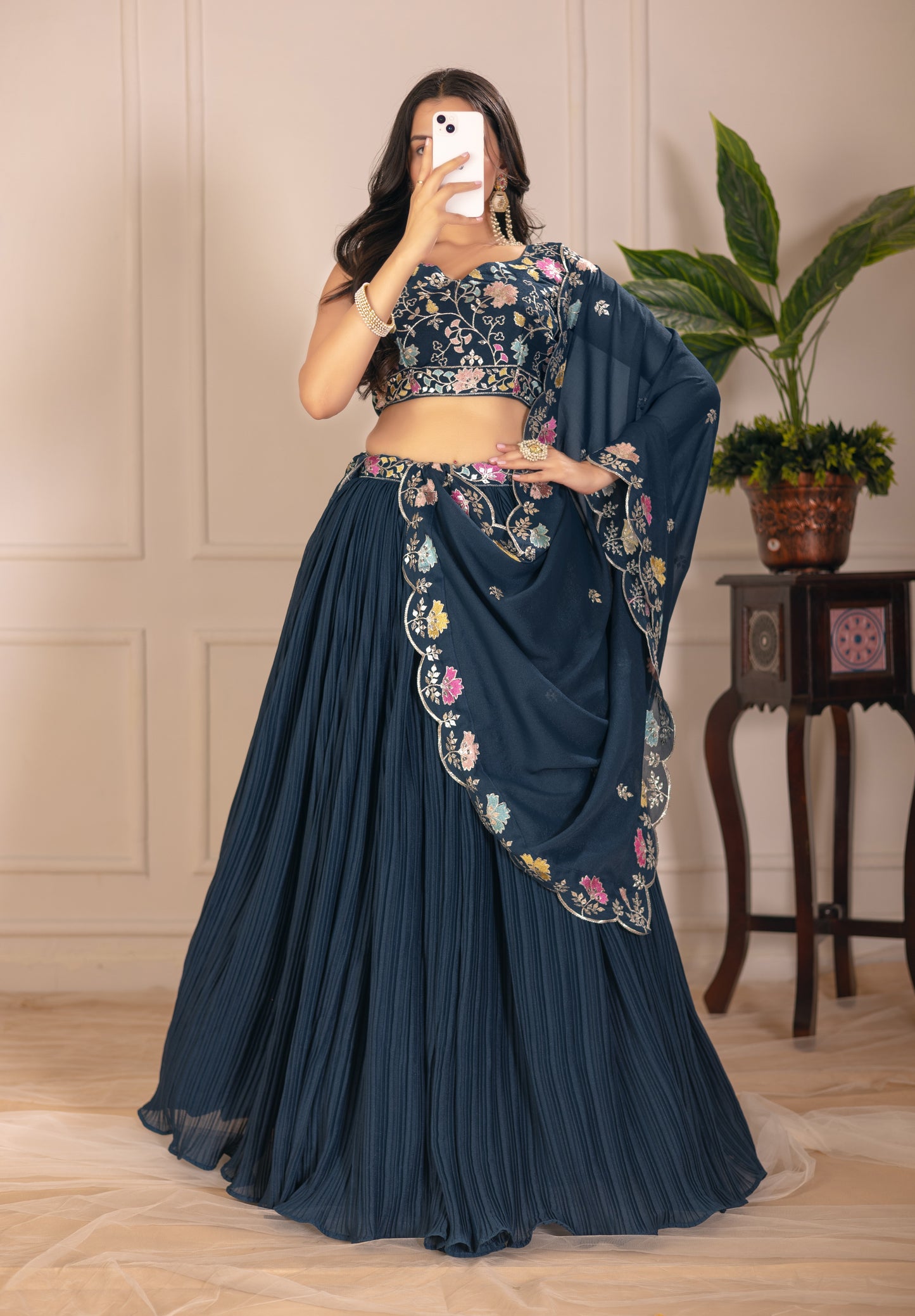 Rama Blue Lehenga Choli Set | Embroidered Blouse & Dupatta | Designer Pleated Party Wear for Women"