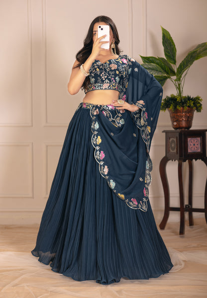 Rama Blue Lehenga Choli Set | Embroidered Blouse & Dupatta | Designer Pleated Party Wear for Women"