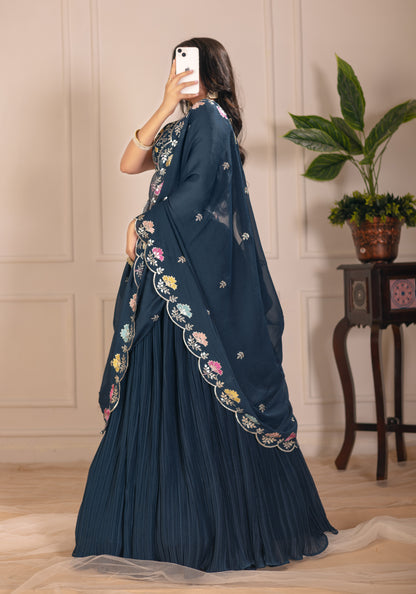 Rama Blue Lehenga Choli Set | Embroidered Blouse & Dupatta | Designer Pleated Party Wear for Women"
