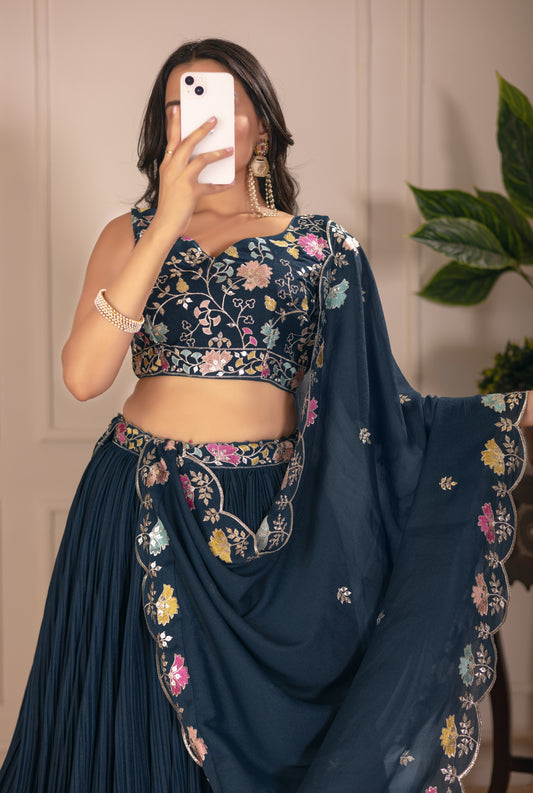 Rama Blue Lehenga Choli Set | Embroidered Blouse & Dupatta | Designer Pleated Party Wear for Women"