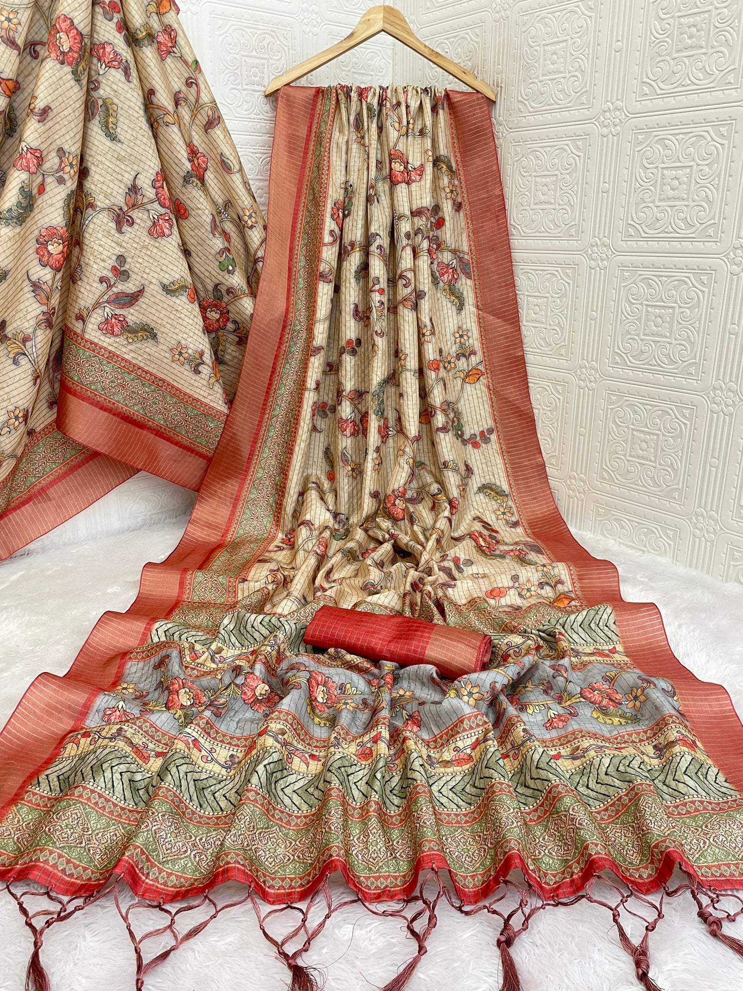 Elegant Beige Mysore Silk Saree with Floral Print and Rust Border *PHMS 02*