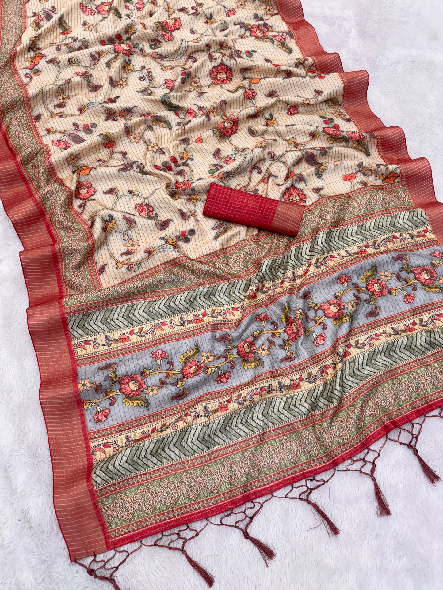 Elegant Beige Mysore Silk Saree with Floral Print and Rust Border *PHMS 02*