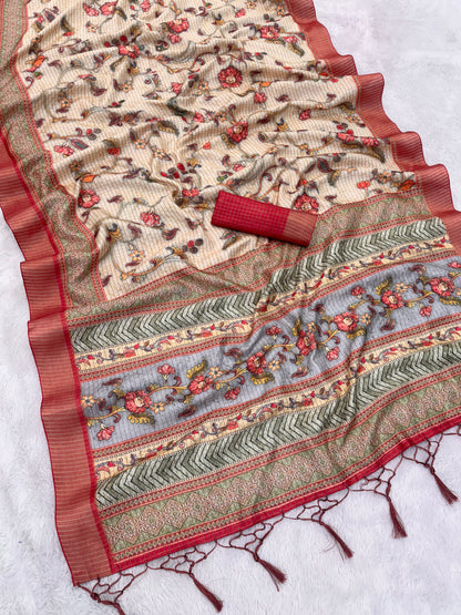 Elegant Beige Mysore Silk Saree with Floral Print and Rust Border *PHMS 02*