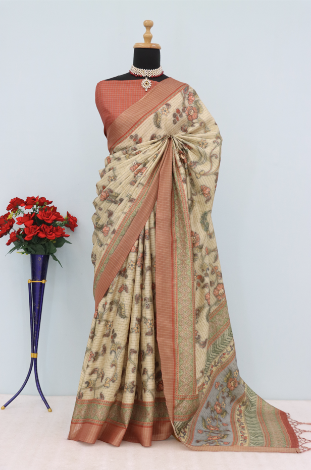 Elegant Beige Mysore Silk Saree with Floral Print and Rust Border *PHMS 02*