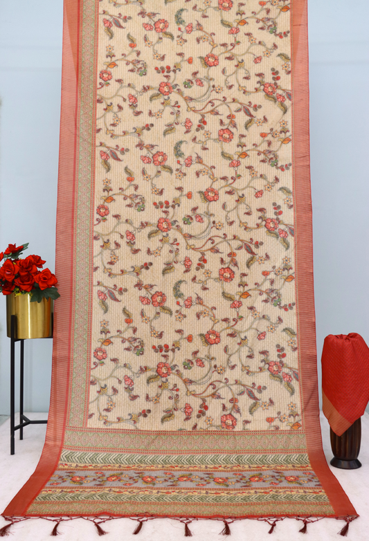 Elegant Beige Mysore Silk Saree with Floral Print and Rust Border *PHMS 02*