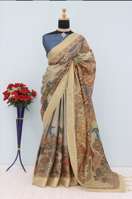 Handwoven Kalamkari Pallu Silk Saree with Majestic Peacock & Tree of Life Motif *PHMS 07*