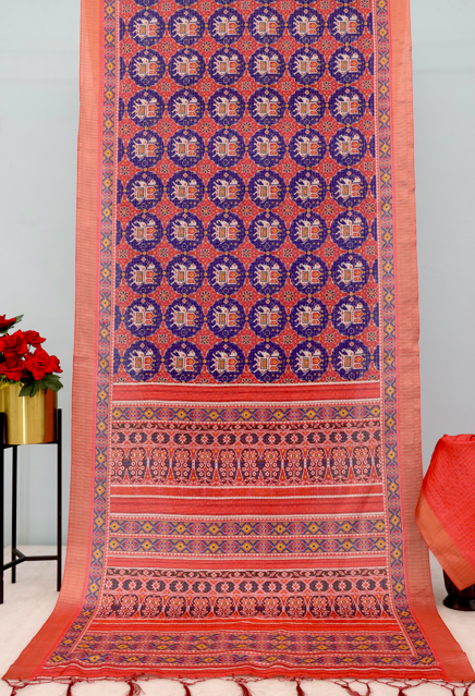 Handwoven Patola-Inspired Silk Saree in Navy Blue & Rust Red *PHMS 08*