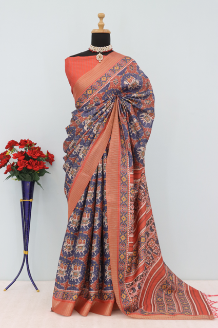 Handwoven Patola-Inspired Silk Saree in Navy Blue & Rust Red *PHMS 08*
