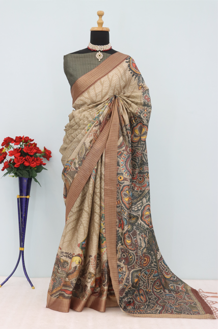 Handcrafted Madhubani-Inspired Silk Saree in Beige & Brown *PHMS 09*