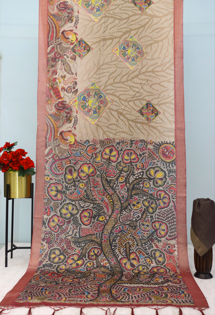 Handcrafted Madhubani-Inspired Silk Saree in Beige & Brown *PHMS 09*