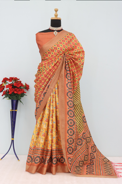Elegant Orange & Yellow Mysore Silk Saree with Traditional Motifs *PHMS 10*