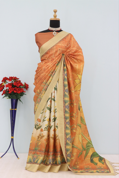 Vibrant Orange Floral Printed Mysore Silk Saree with Beige Border *PHMS 12*