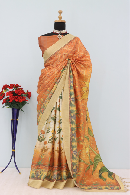 Vibrant Orange Floral Printed Mysore Silk Saree with Beige Border *PHMS 12*