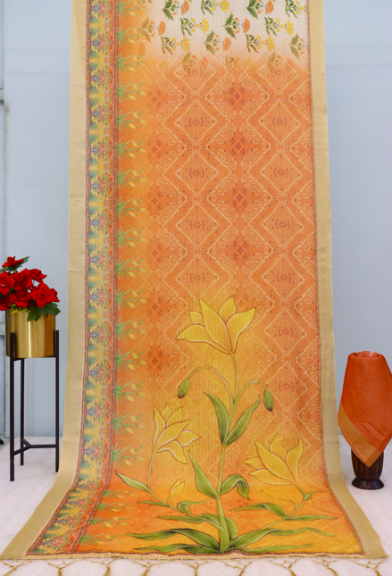 Vibrant Orange Floral Printed Mysore Silk Saree with Beige Border *PHMS 12*