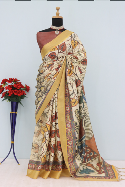 Madhubani Art Inspired Cream Mysore Silk Saree with Mustard Border *PHMS 13*