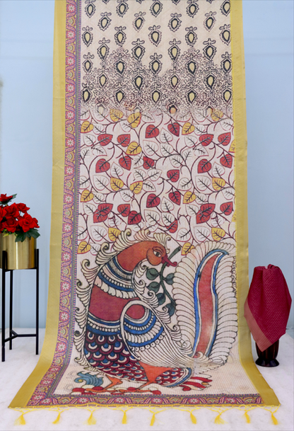 Madhubani Art Inspired Cream Mysore Silk Saree with Mustard Border *PHMS 13*