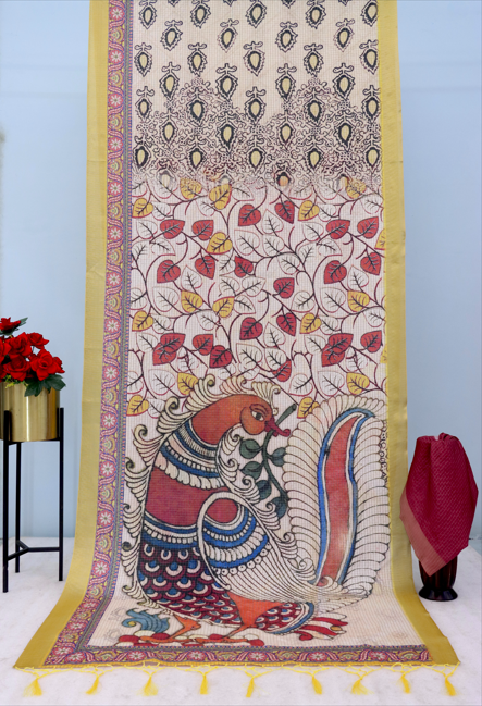 Madhubani Art Inspired Cream Mysore Silk Saree with Mustard Border *PHMS 13*
