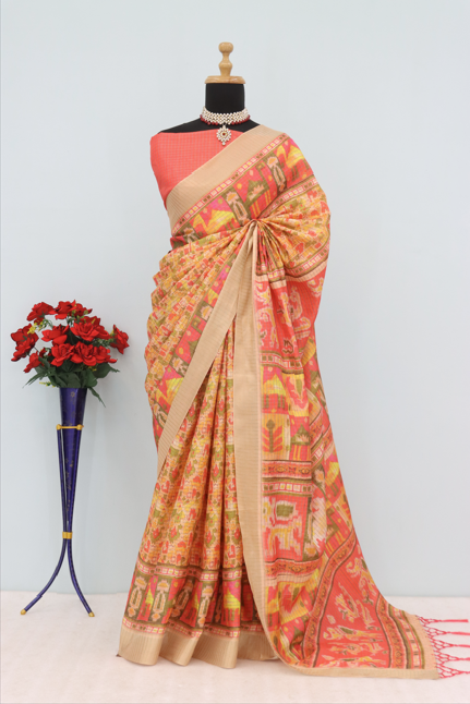 Vibrant Red-Yellow Patola Silk Saree with Traditional Ikat Motifs *PHMS 14*