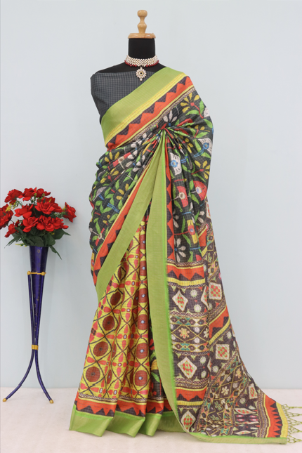Vibrant Handloom Mysore Silk Saree with Multicolor Traditional Motifs & Green Border *PHMS 15*
