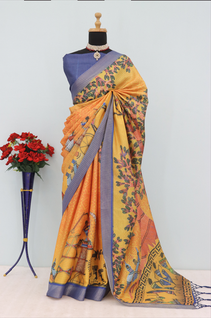 Tribal Art Inspired Orange Mysore Silk Saree with Tree & Village Motifs *PHMS 17*