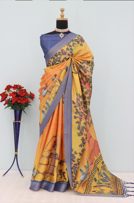 Tribal Art Inspired Orange Mysore Silk Saree with Tree & Village Motifs *PHMS 17*