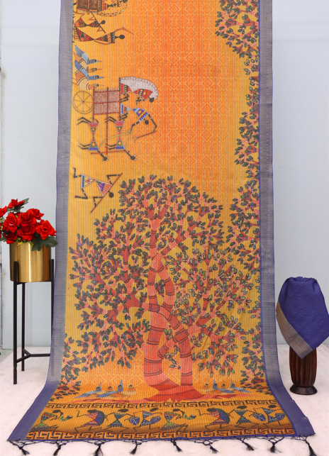 Tribal Art Inspired Orange Mysore Silk Saree with Tree & Village Motifs *PHMS 17*