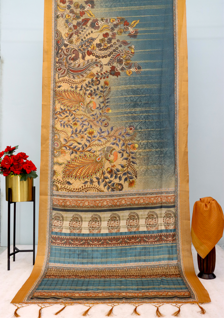 Elegant Kalamkari Print Mysore Silk Saree in Royal Blue & Mustard *PHMS 18*