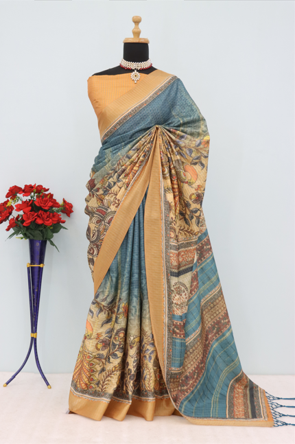 Elegant Kalamkari Print Mysore Silk Saree in Royal Blue & Mustard *PHMS 18*