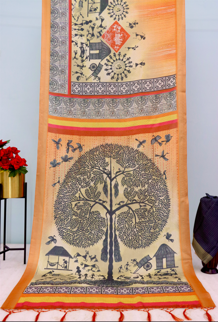 Tribal Art Inspired Mysore Silk Saree in Beige with Orange Border  *PHMS 19*